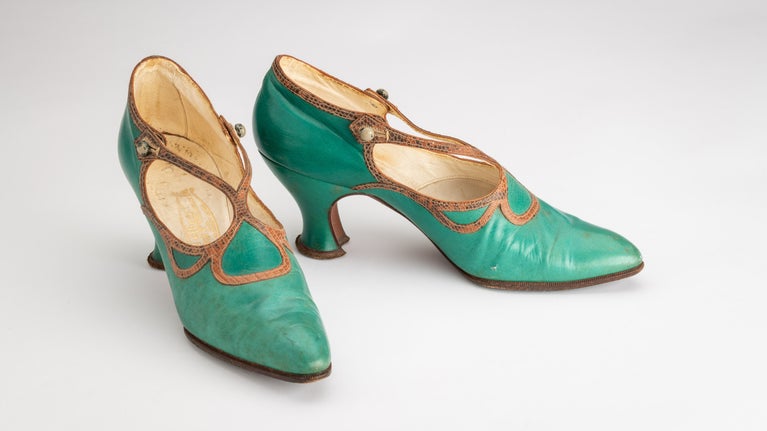 Emerald green 1920s style shoes from the fashion collection at Killerton